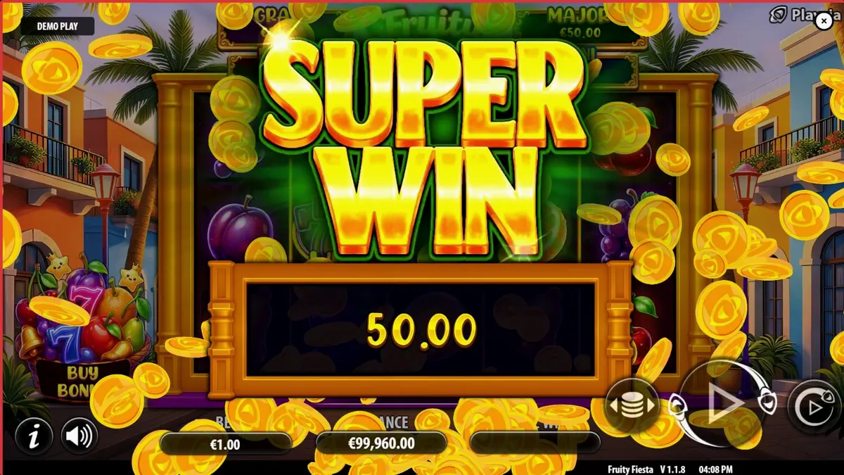 Tampilan visual slot Fruity Fiesta dengan simbol buah neon dan latar belakang karnaval.